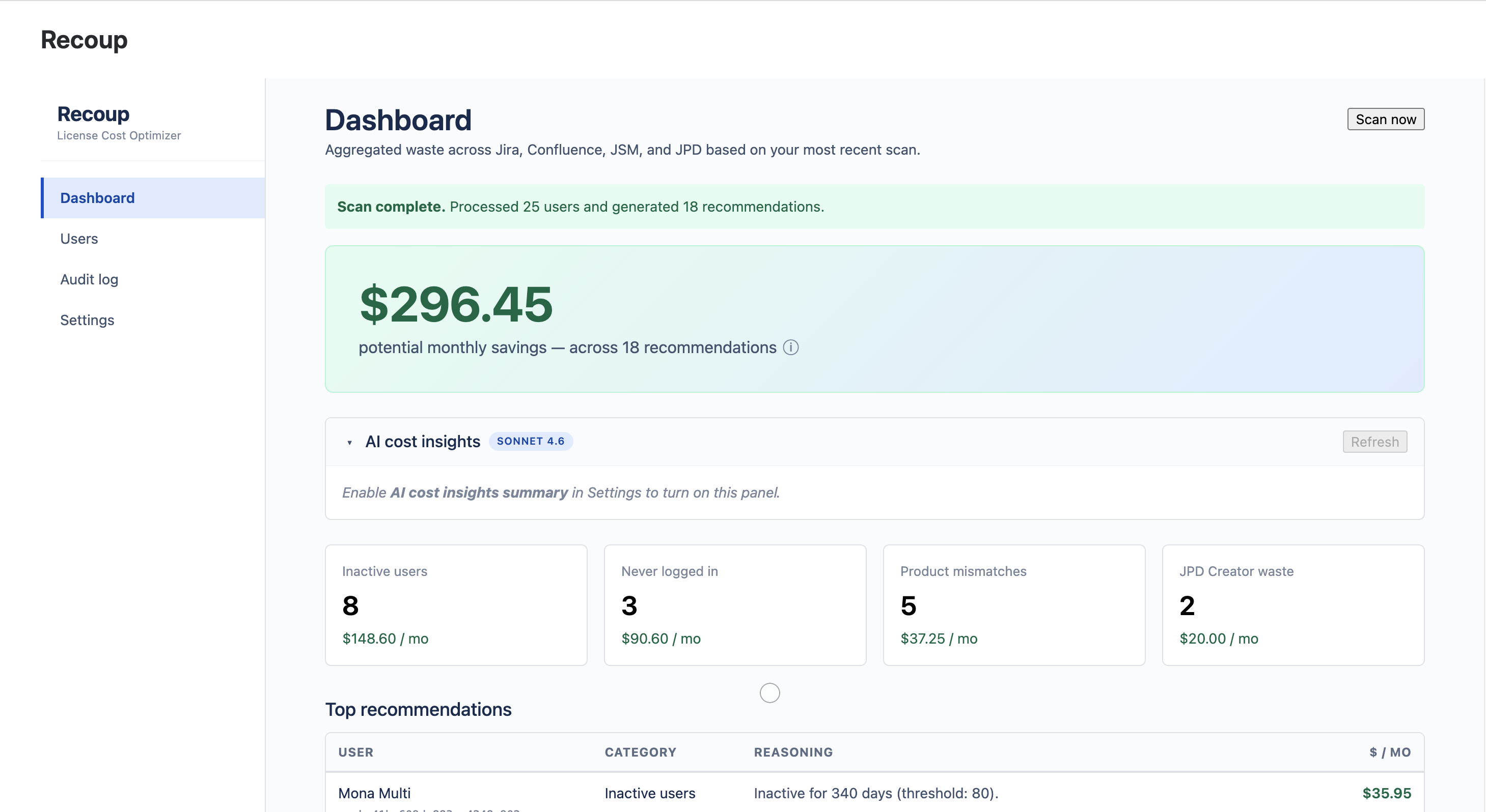 Recoup dashboard headlining total monthly savings broken into four waste categories