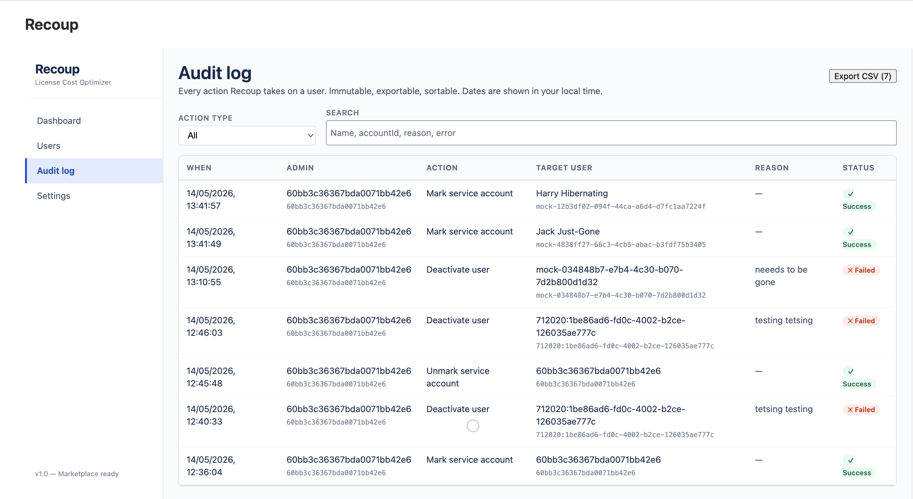 Recoup audit log with successful and refused actions, exportable as CSV
