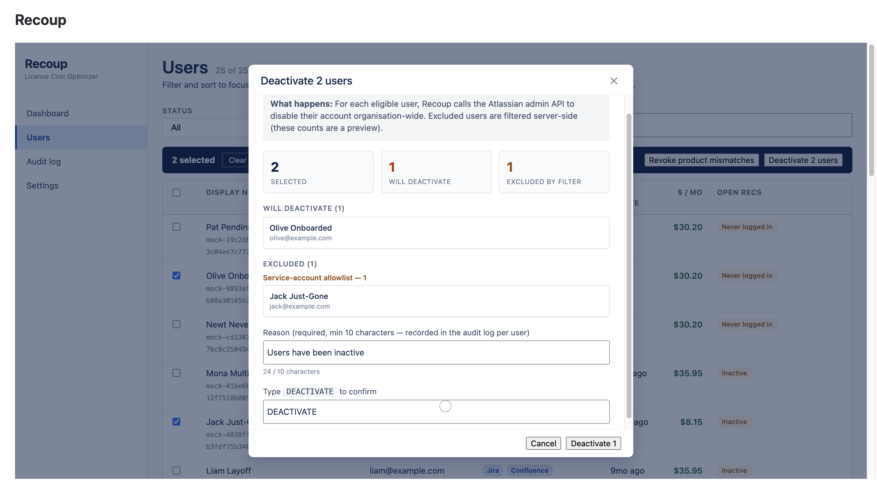 Recoup bulk reclaim modal with eligible users and excluded service accounts grouped by reason