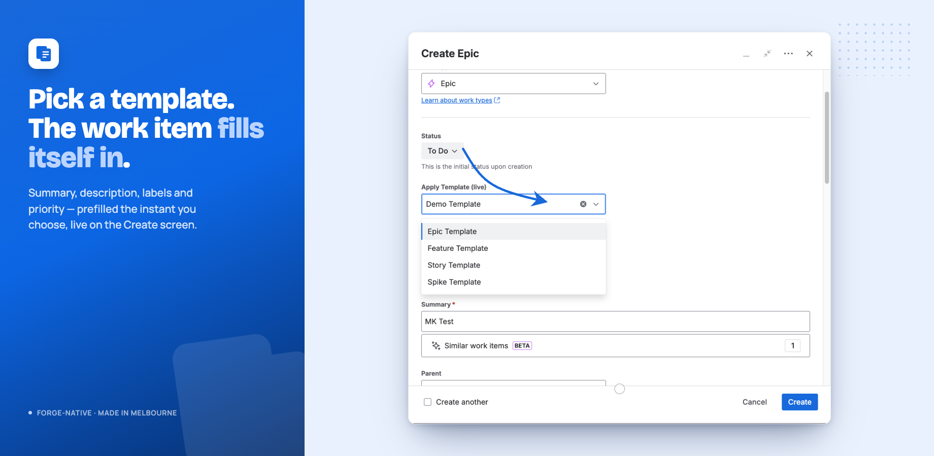 The Apply Template field on the Jira Create screen, with summary, description and labels filled in live