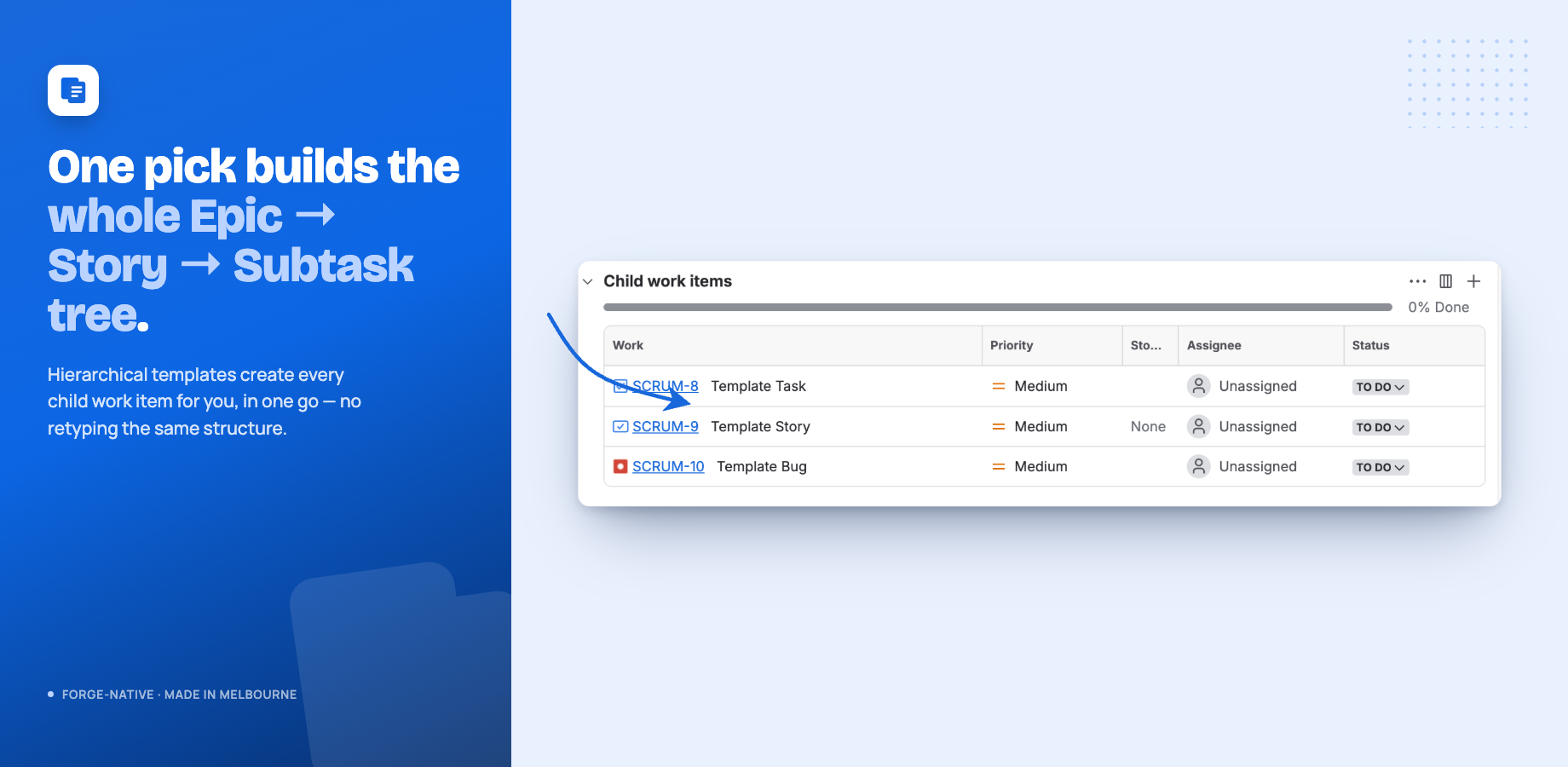 A full Epic to Story to Subtask tree created automatically from a single template pick