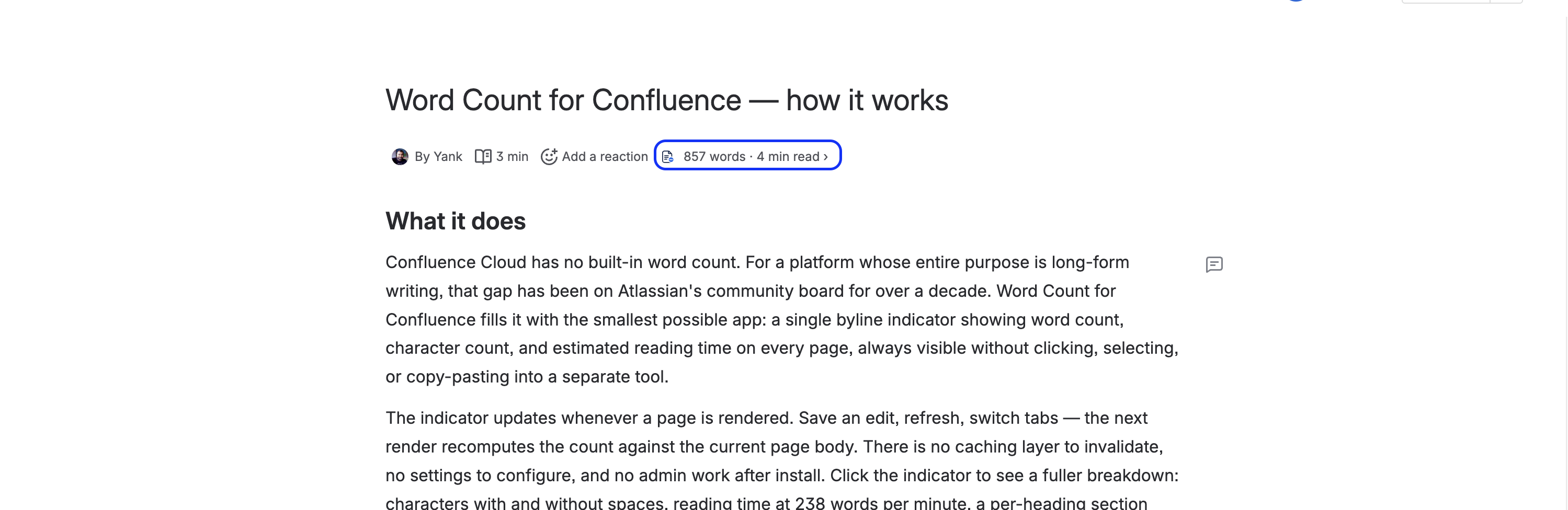 Word count, character count and reading time shown live in a Confluence page byline