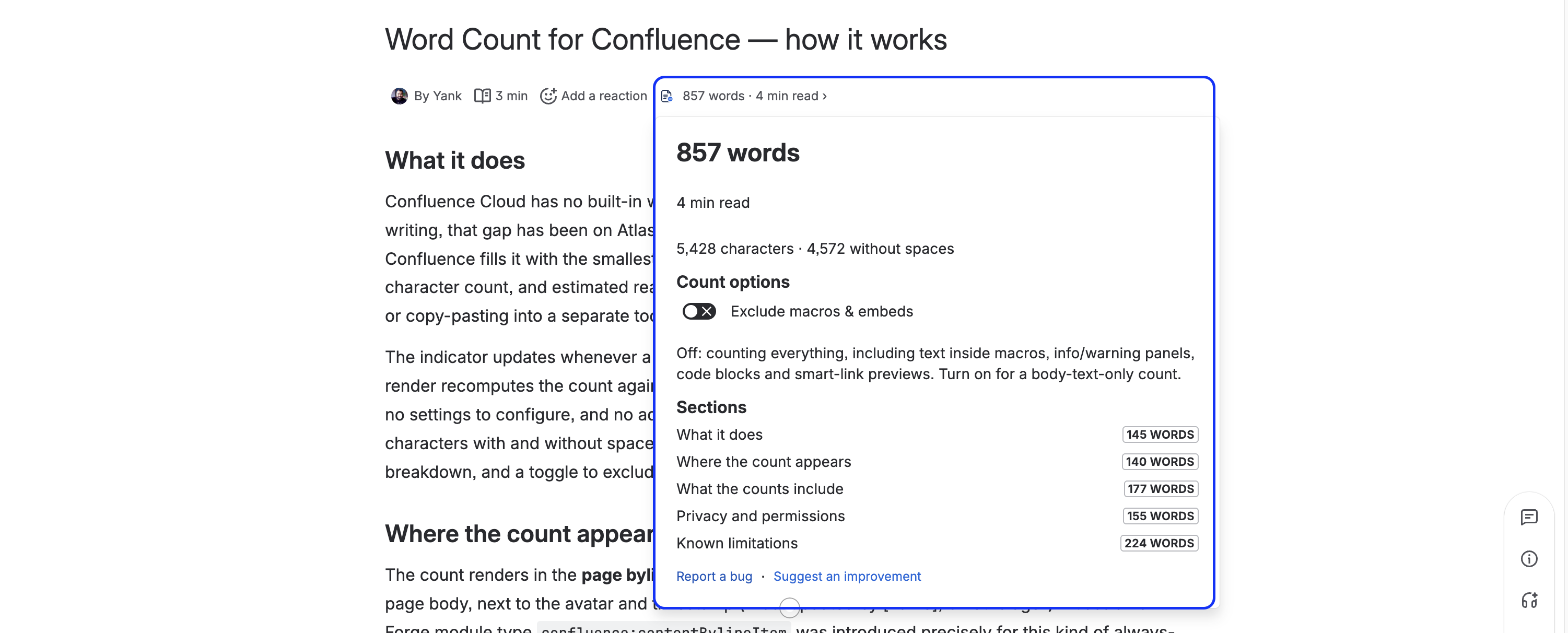 Word Count expanded panel showing words, characters with and without spaces, and reading time